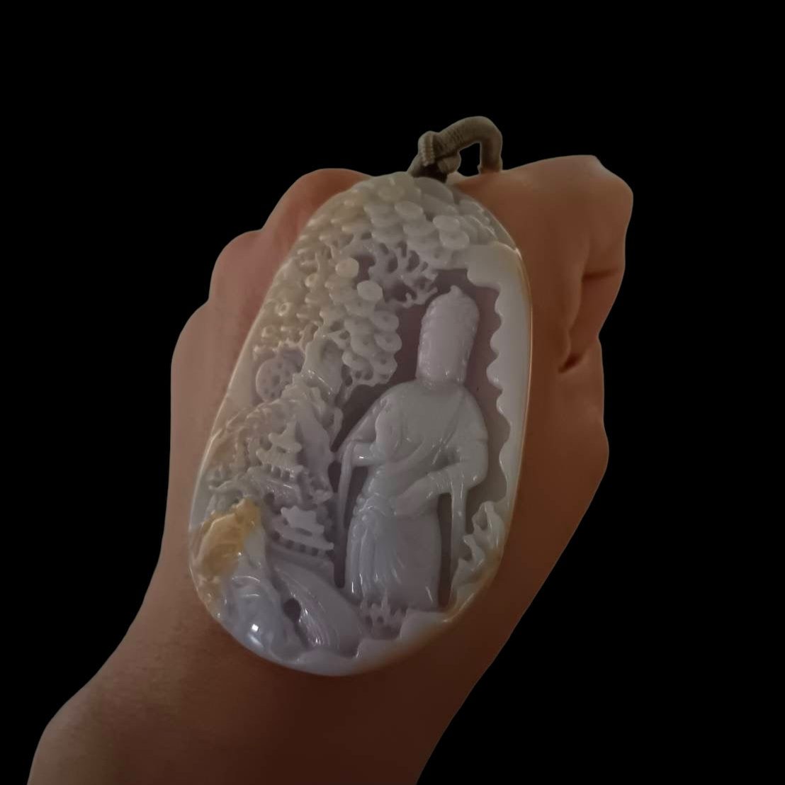 #635 AGL Certified Natural Lavender/Green/Yellow Burma Jadeite Guan-Yin in Landscape Pendant