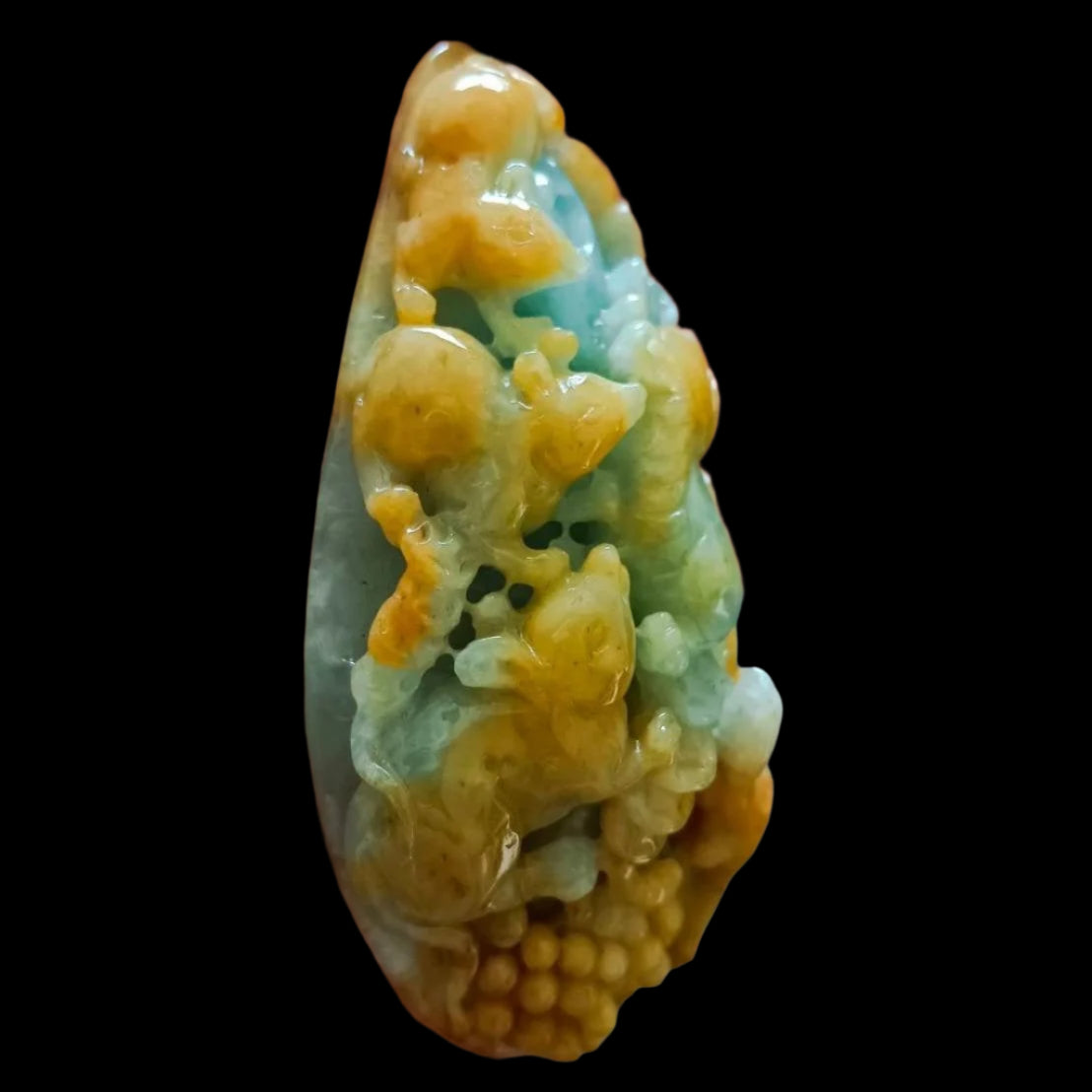 #643 AGL Certified Natural Yellow and Green Burma Jadeite "Five Rats Bring Wealth" Pendant