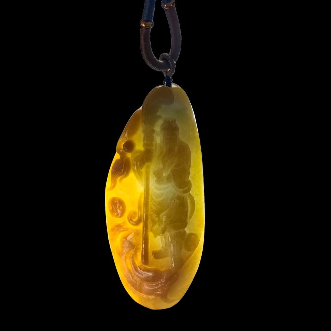 #637 AGL Certified Natural Yellow Burma Jadeite Guan Gong Pendant