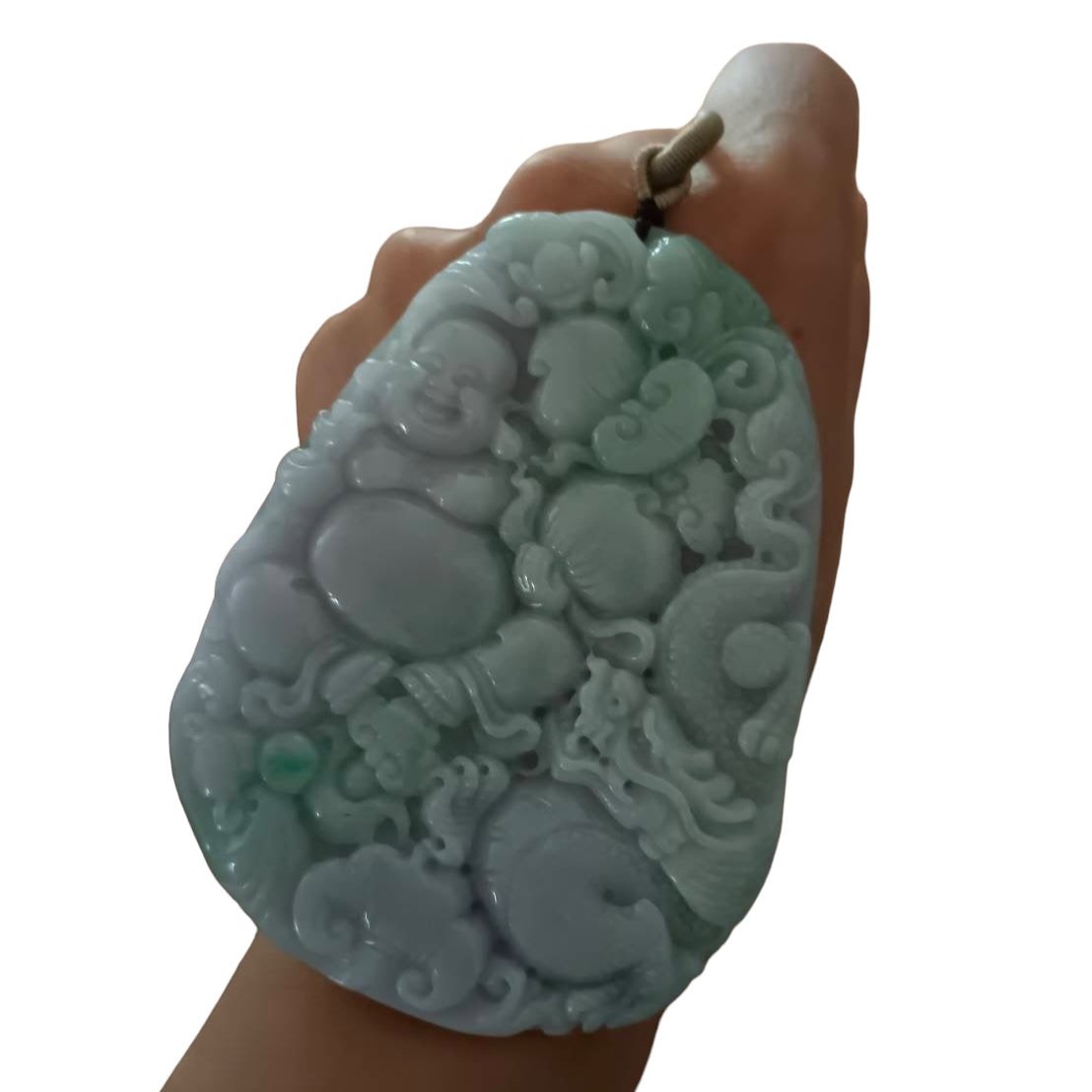 #644 AGL Certified Natural Lavender and Green Burma Jadeite Happy Buddha Pendant