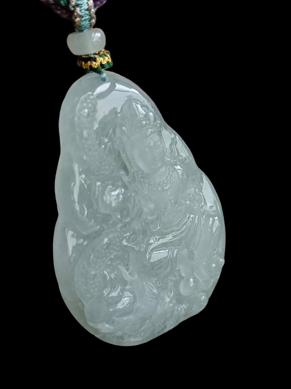 #572 GIA Certified Natural Translucent Light Green Burma Jadeite, Guan Yin and Dragon Pendant