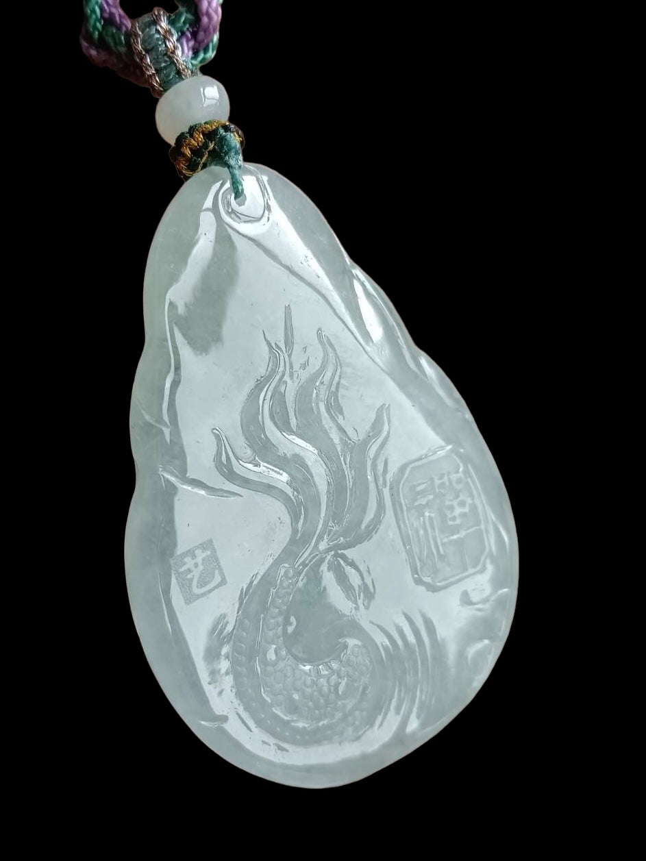 #572 GIA Certified Natural Translucent Light Green Burma Jadeite, Guan Yin and Dragon Pendant