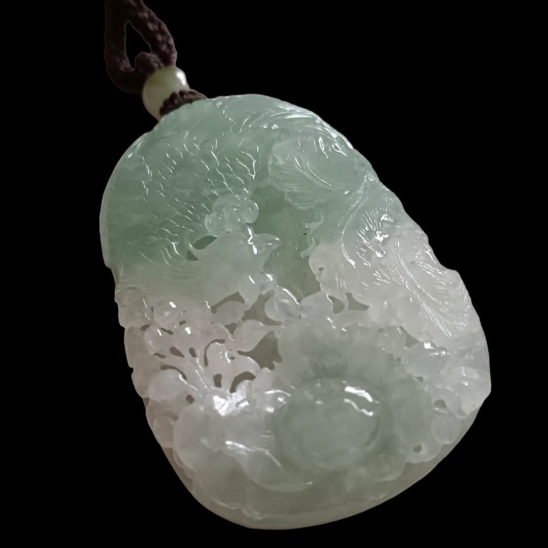 #168 GIA Certified Icy Burma Jadeite Pierced Phoenix Hollow Carving Pendant