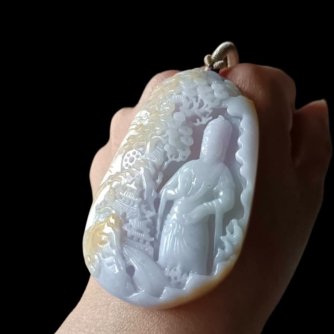 #635 AGL Certified Natural Lavender/Green/Yellow Burma Jadeite Guan-Yin in Landscape Pendant