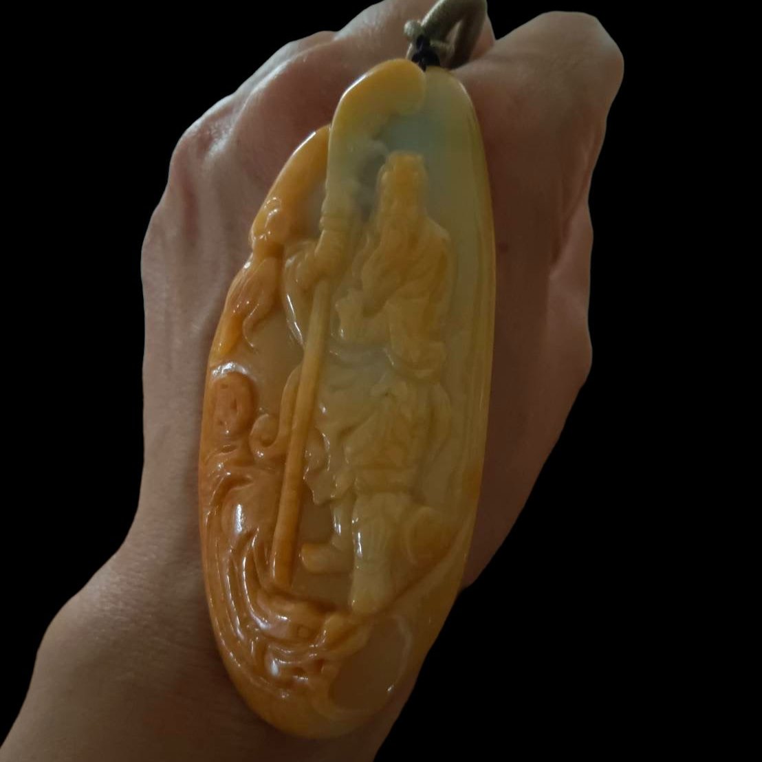 #637 AGL Certified Natural Yellow Burma Jadeite Guan Gong Pendant