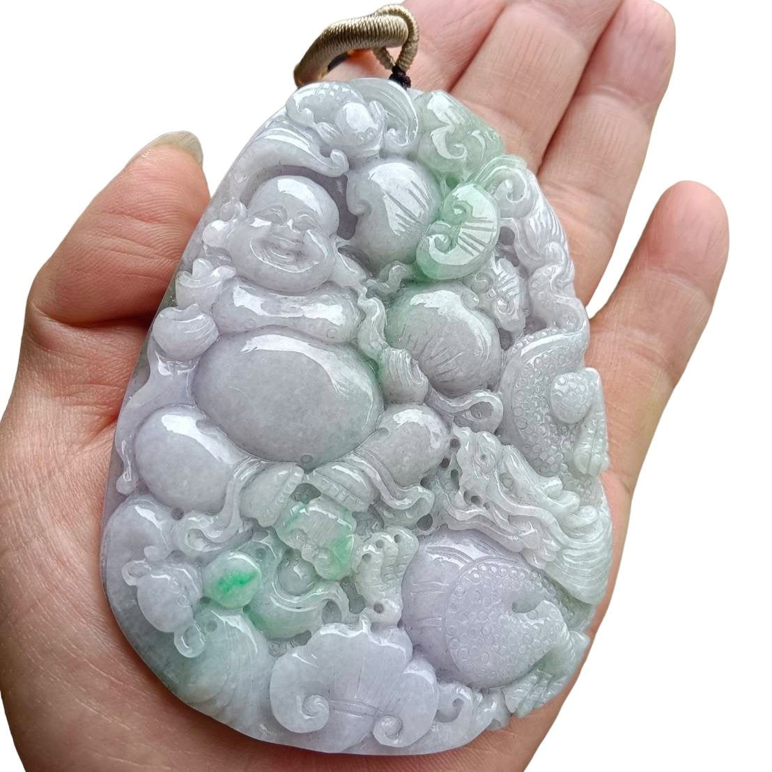 #644 AGL Certified Natural Lavender and Green Burma Jadeite Happy Buddha Pendant