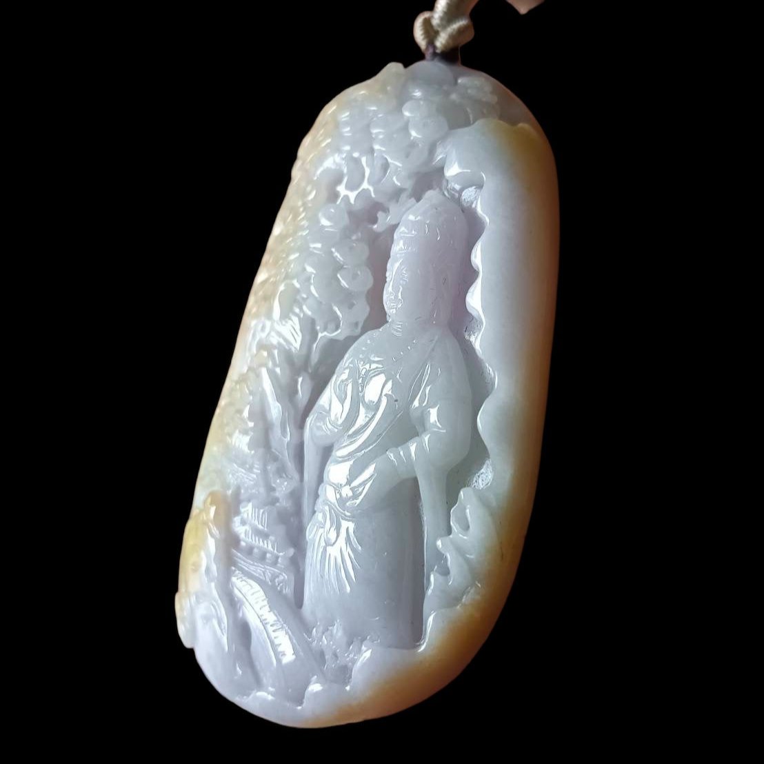 #635 AGL Certified Natural Lavender/Green/Yellow Burma Jadeite Guan-Yin in Landscape Pendant