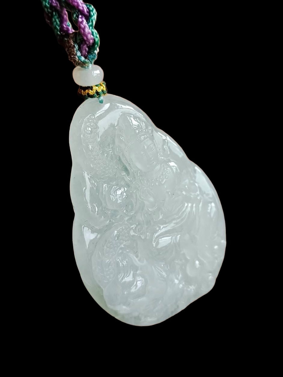 #572 GIA Certified Natural Translucent Light Green Burma Jadeite, Guan Yin and Dragon Pendant