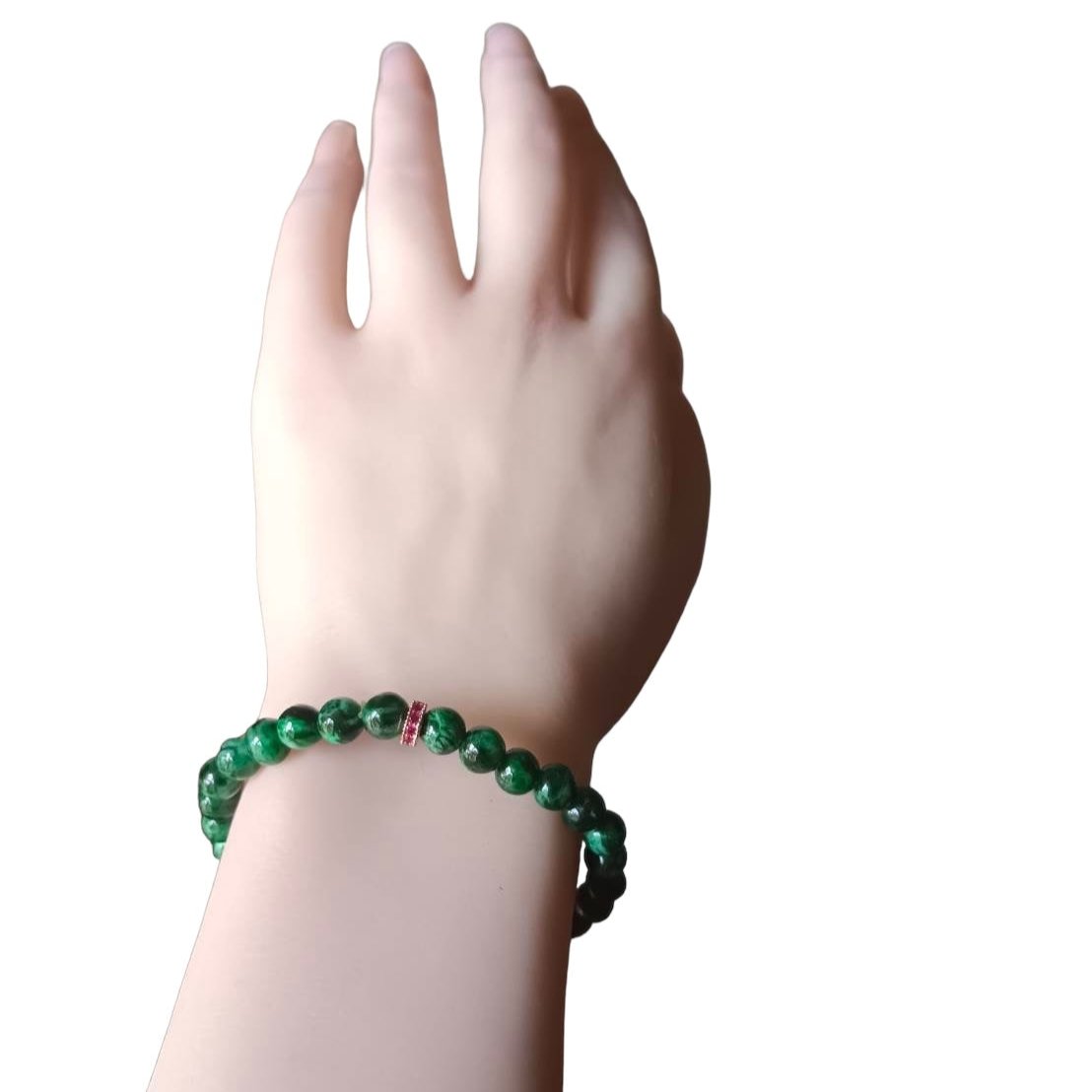 #788 Natural Dark Green Burma Jadeite Bead Bracelet with 14K Gold Plated CZ Divider, 6.5 mm