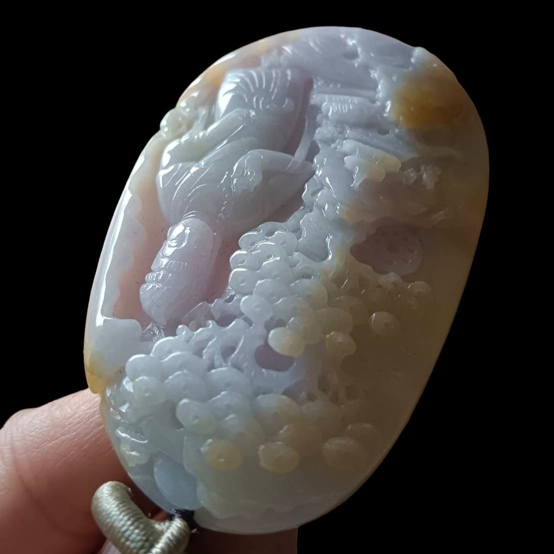 #635 AGL Certified Natural Lavender/Green/Yellow Burma Jadeite Guan-Yin in Landscape Pendant