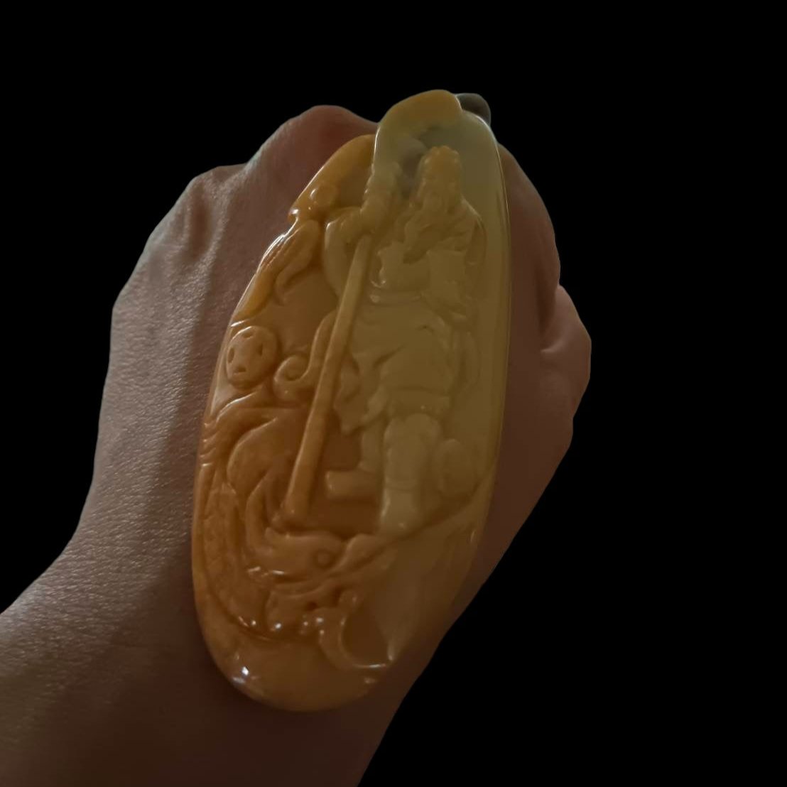 #637 AGL Certified Natural Yellow Burma Jadeite Guan Gong Pendant