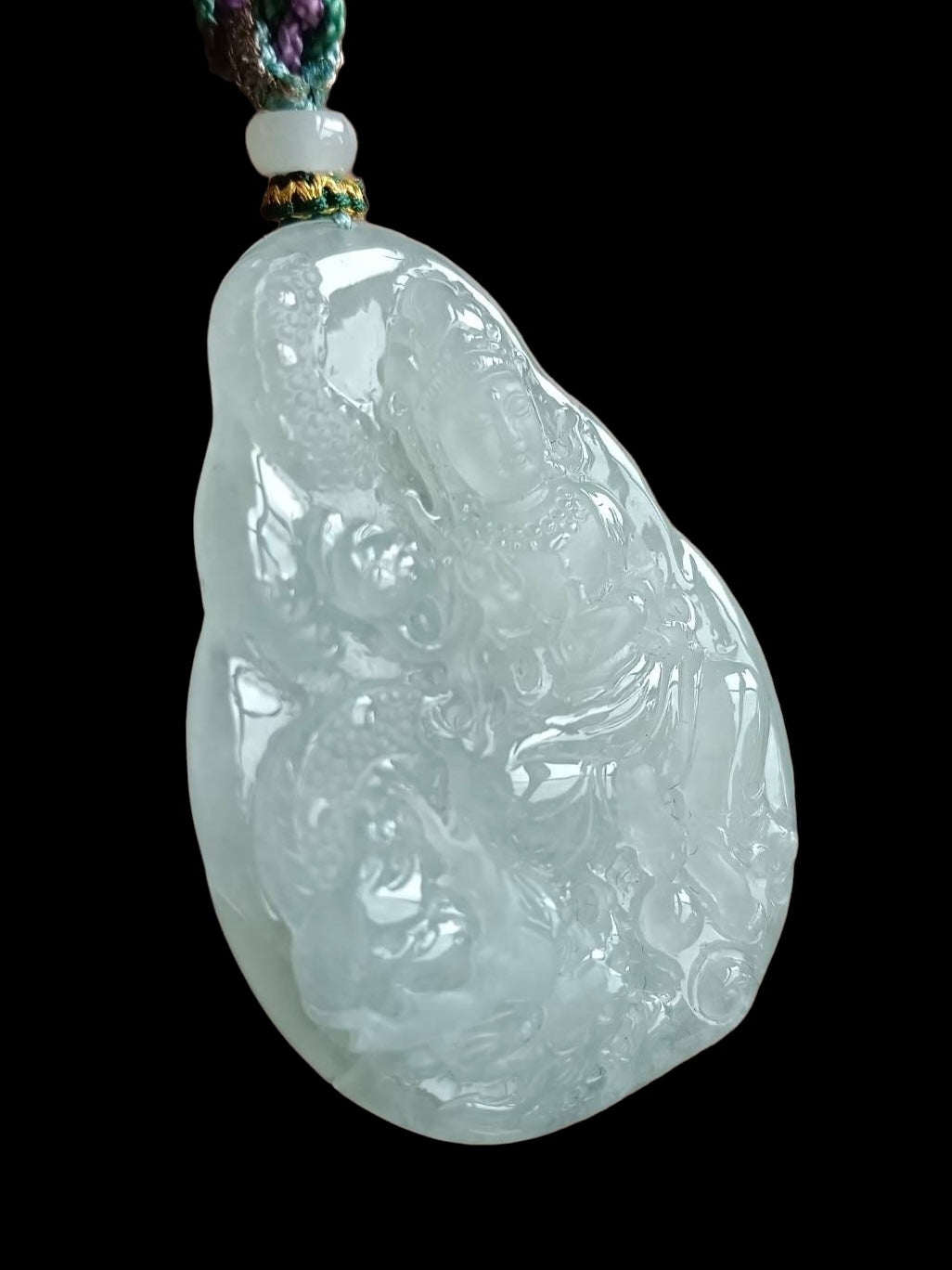 #572 GIA Certified Natural Translucent Light Green Burma Jadeite, Guan Yin and Dragon Pendant