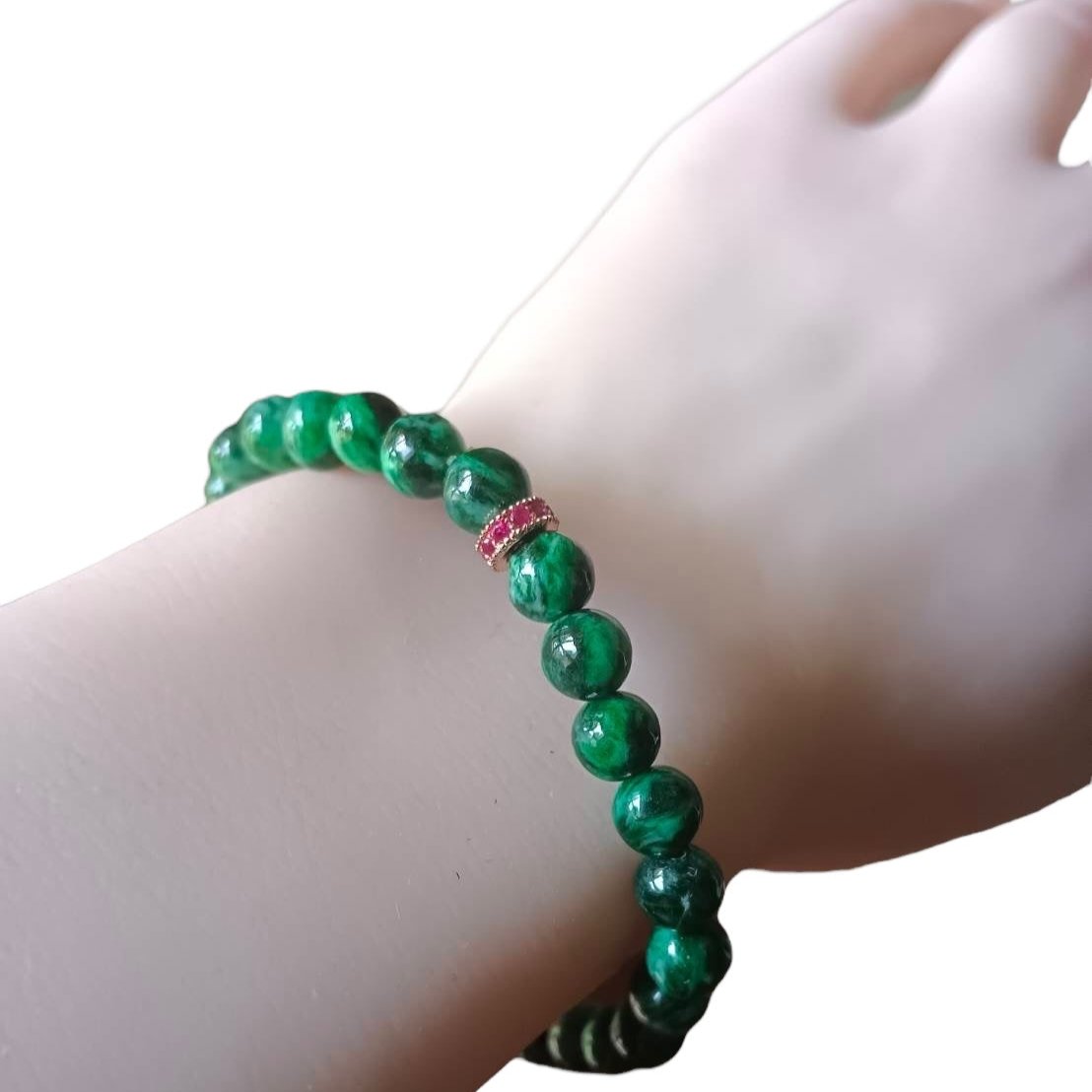 #788 Natural Dark Green Burma Jadeite Bead Bracelet with 14K Gold Plated CZ Divider, 6.5 mm