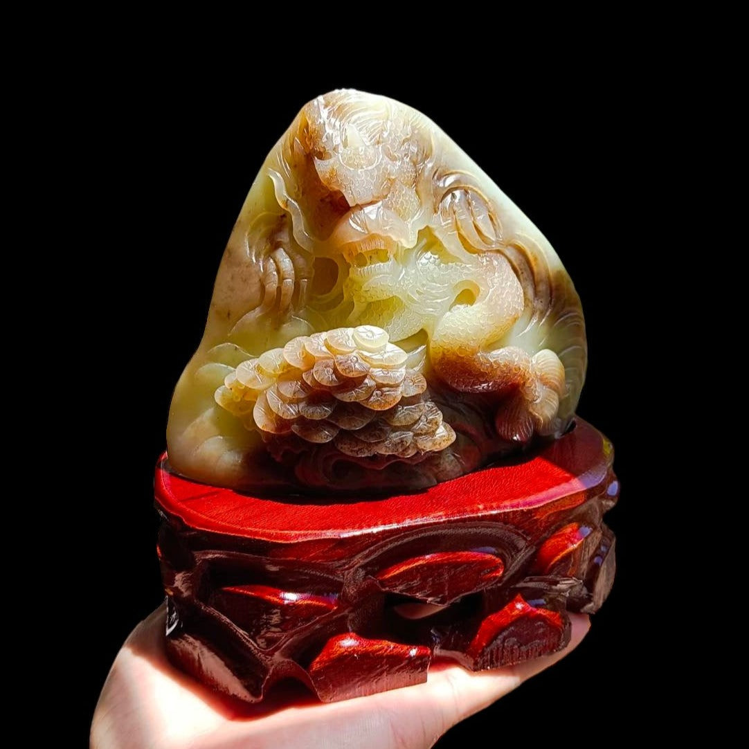 #734 AGL Certified Natural Brown Sugar Nephrite Jade Dragon Statuary