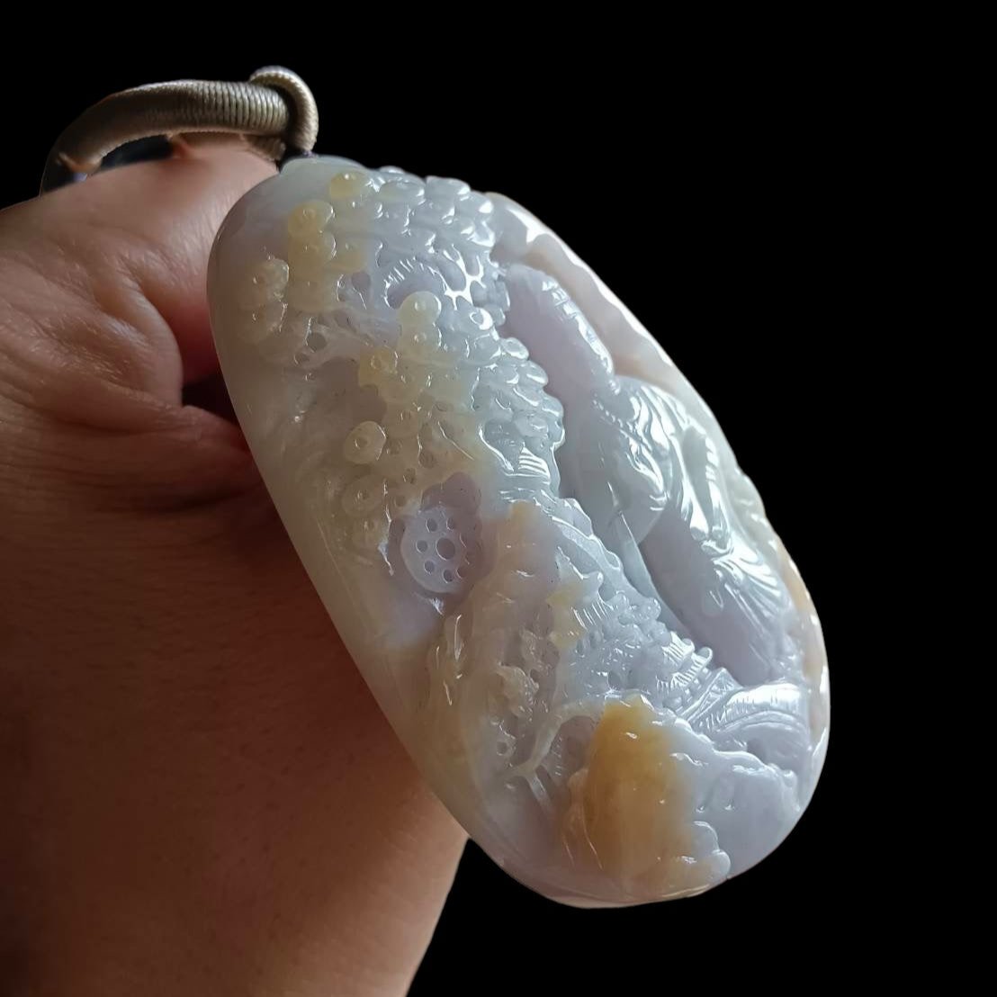 #635 AGL Certified Natural Lavender/Green/Yellow Burma Jadeite Guan-Yin in Landscape Pendant