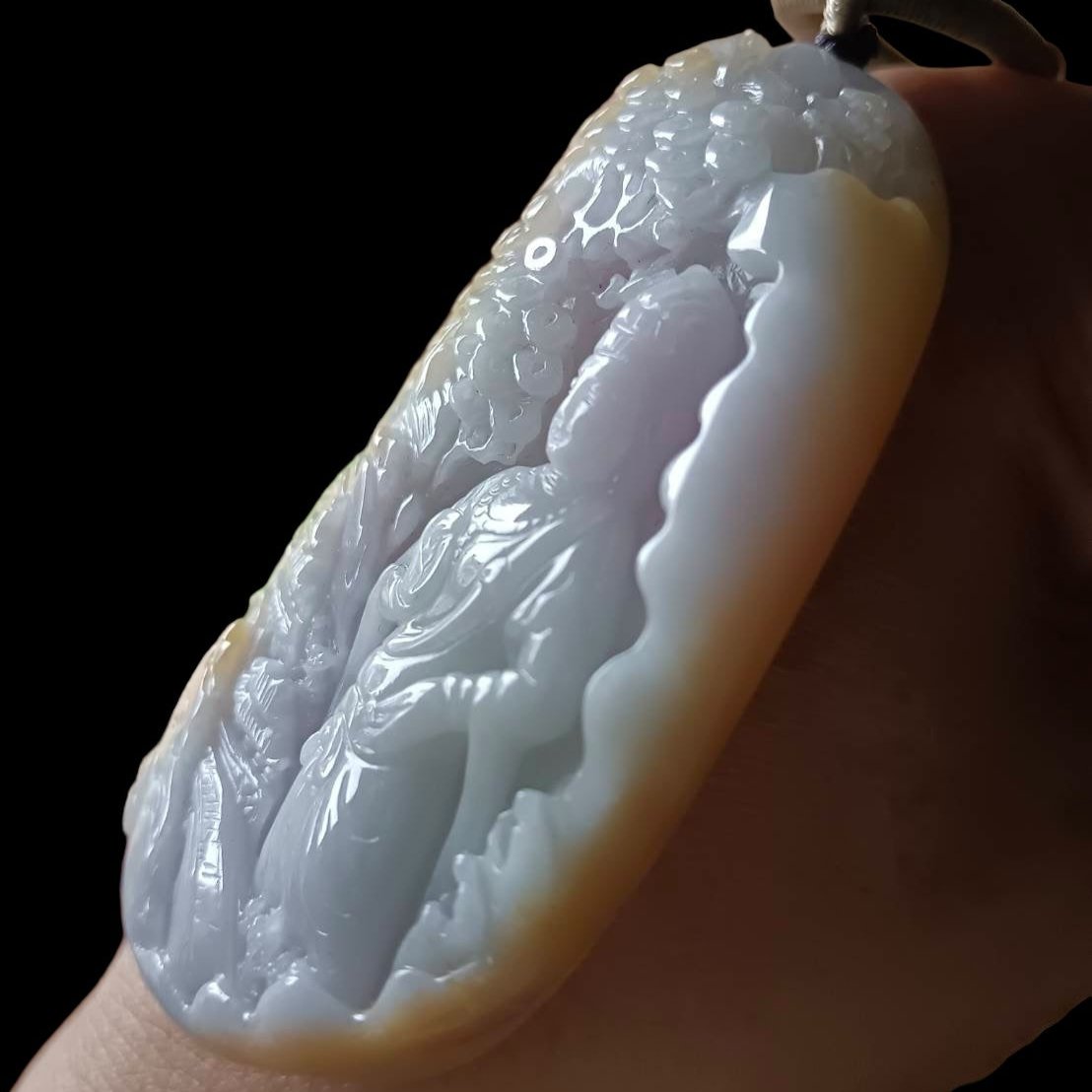 #635 AGL Certified Natural Lavender/Green/Yellow Burma Jadeite Guan-Yin in Landscape Pendant
