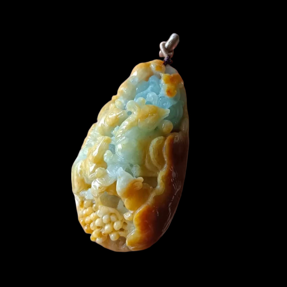 #643 AGL Certified Natural Yellow and Green Burma Jadeite "Five Rats Bring Wealth" Pendant