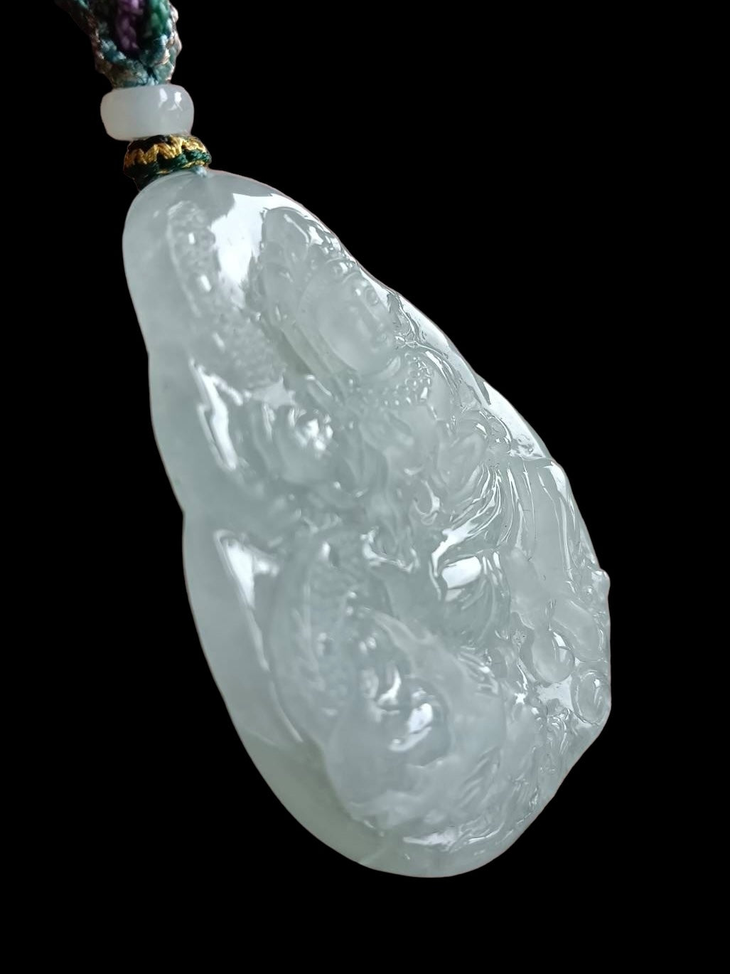 #572 GIA Certified Natural Translucent Light Green Burma Jadeite, Guan Yin and Dragon Pendant