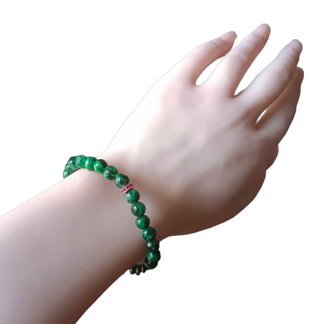 #788 Natural Dark Green Burma Jadeite Bead Bracelet with 14K Gold Plated CZ Divider, 6.5 mm