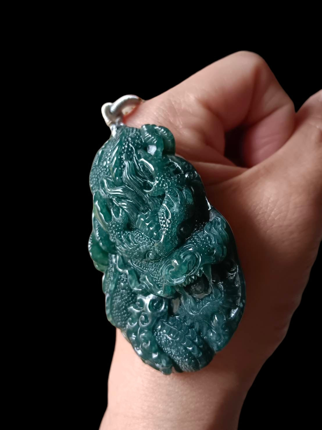 #614 AGL Certified Translucent Natural Green Guatemala Jadeite Dragon Pendant