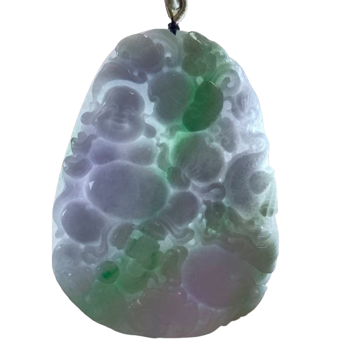 #644 AGL Certified Natural Lavender and Green Burma Jadeite Happy Buddha Pendant