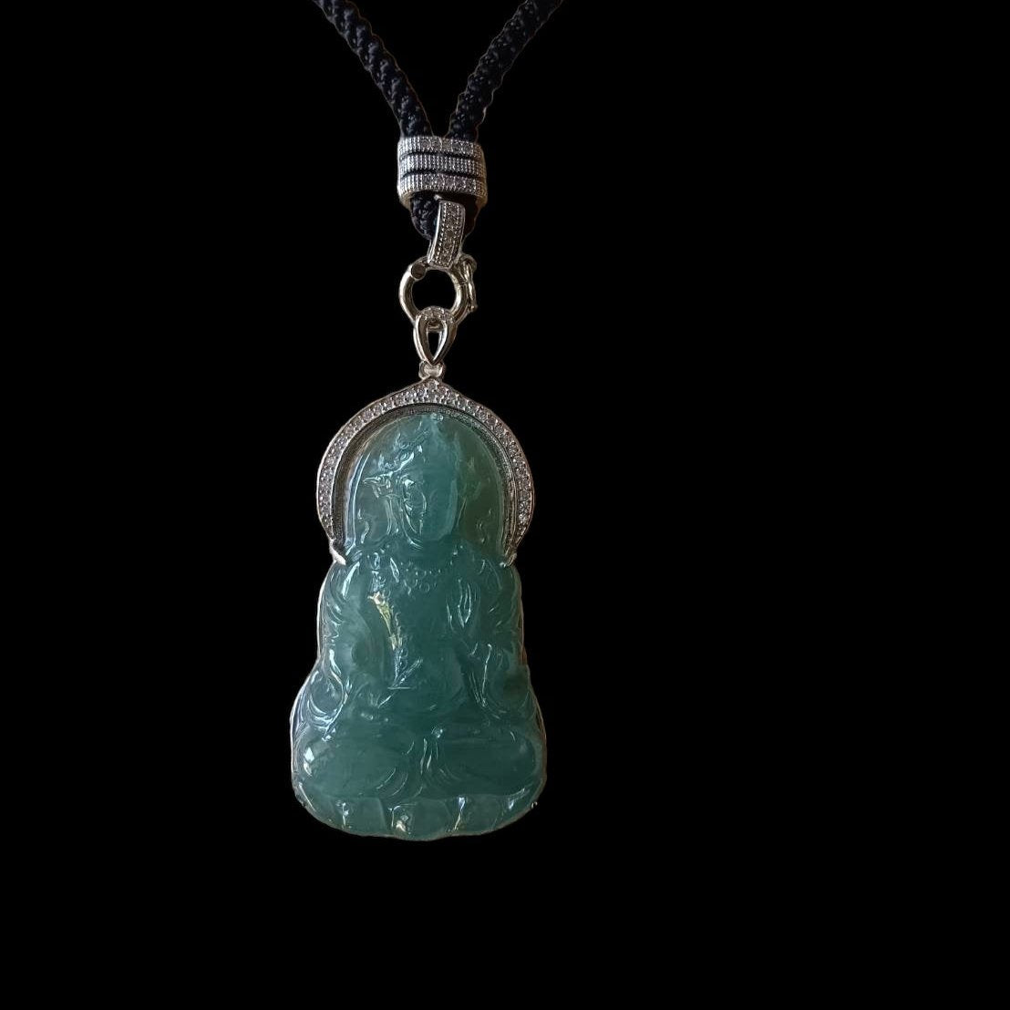 #735 Natural Translucent Blue Water Burma Jadeite, Tara Pendant in Sterling Silver Holder