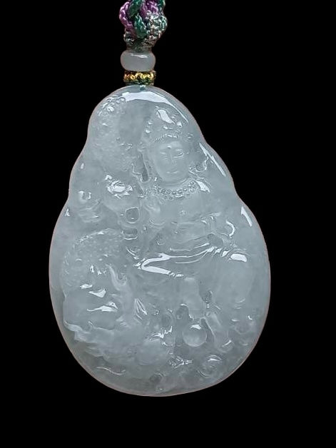 #572 GIA Certified Natural Translucent Light Green Burma Jadeite, Guan Yin and Dragon Pendant