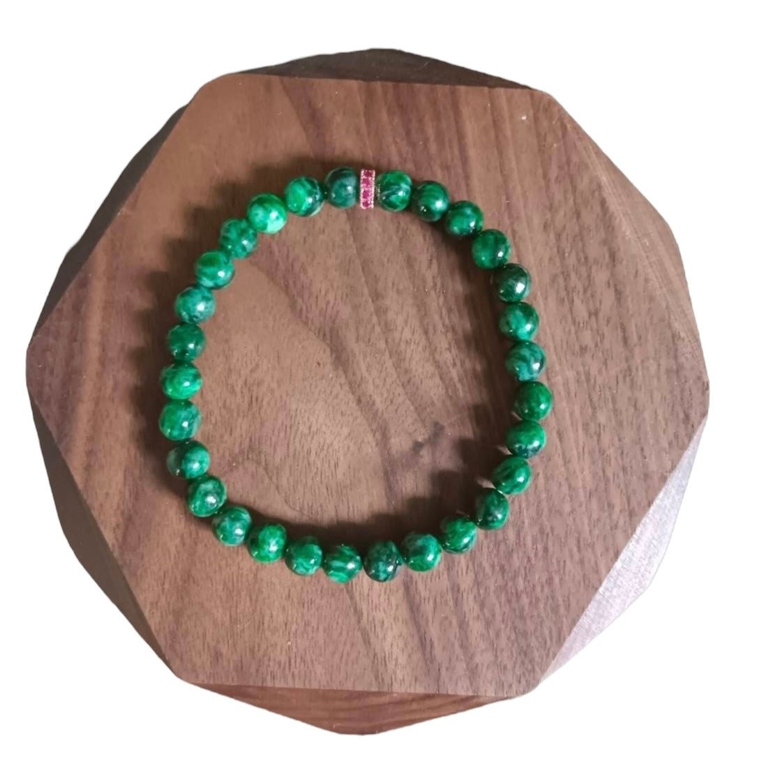 #788 Natural Dark Green Burma Jadeite Bead Bracelet with 14K Gold Plated CZ Divider, 6.5 mm