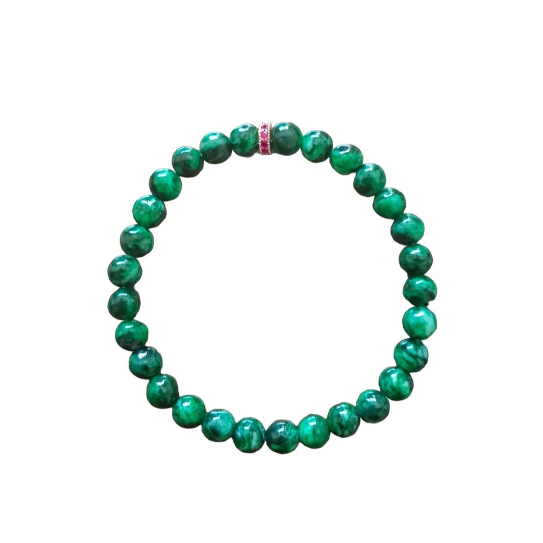#788 Natural Dark Green Burma Jadeite Bead Bracelet with 14K Gold Plated CZ Divider, 6.5 mm