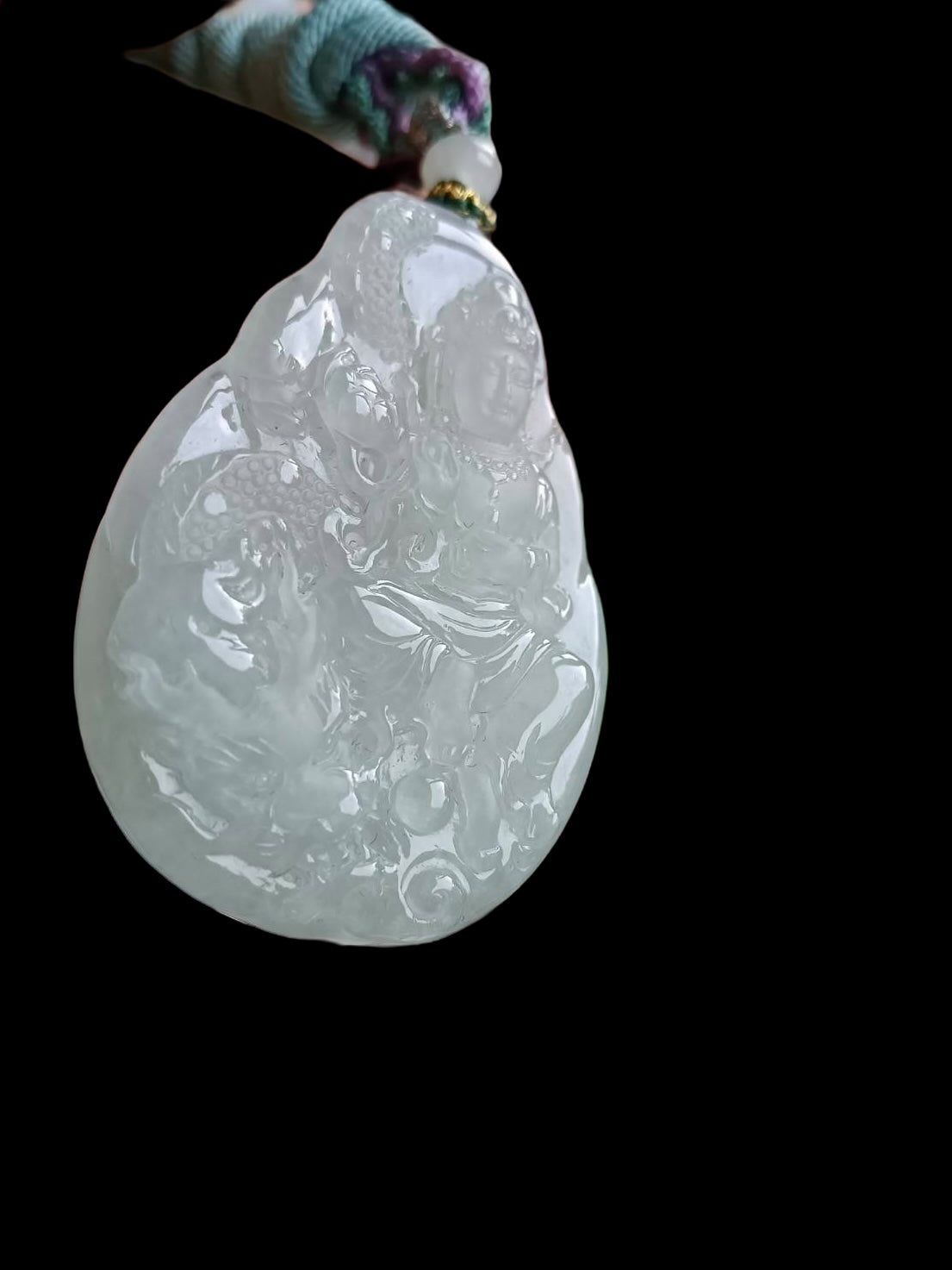 #572 GIA Certified Natural Translucent Light Green Burma Jadeite, Guan Yin and Dragon Pendant