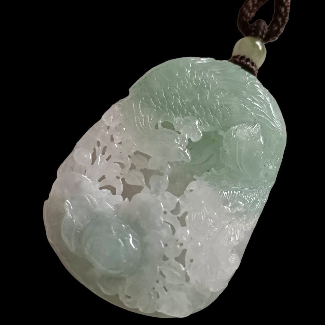 #168 GIA Certified Icy Burma Jadeite Pierced Phoenix Hollow Carving Pendant