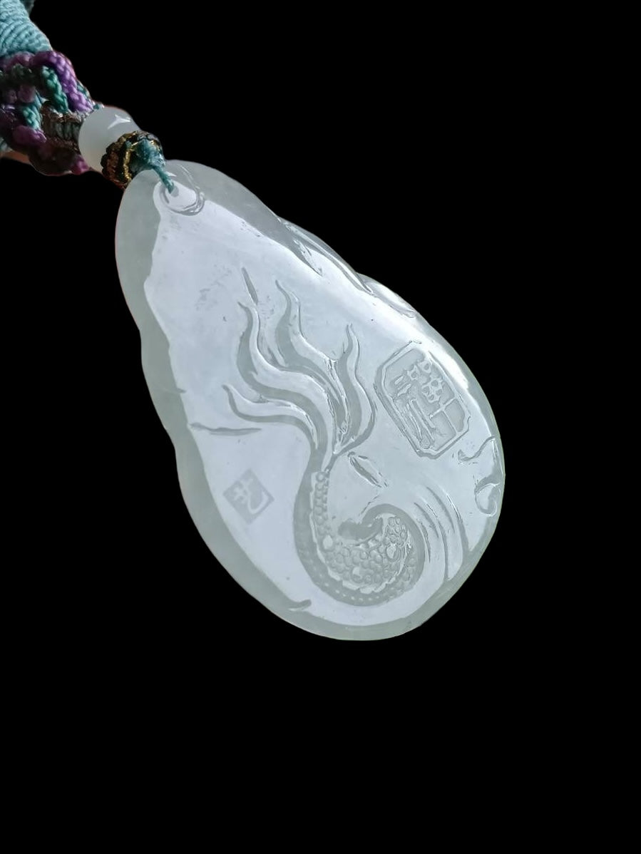 #572 GIA Certified Natural Translucent Light Green Burma Jadeite, Guan Yin and Dragon Pendant