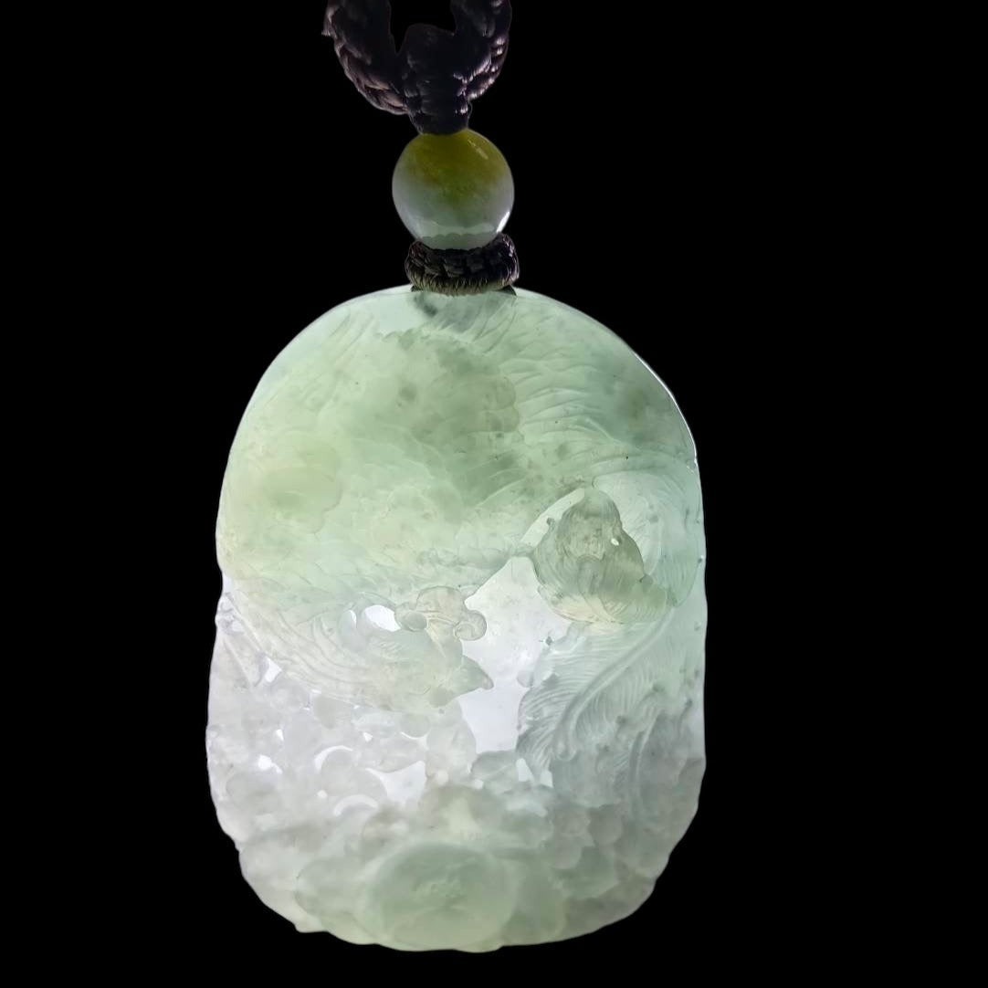 #168 GIA Certified Icy Burma Jadeite Pierced Phoenix Hollow Carving Pendant