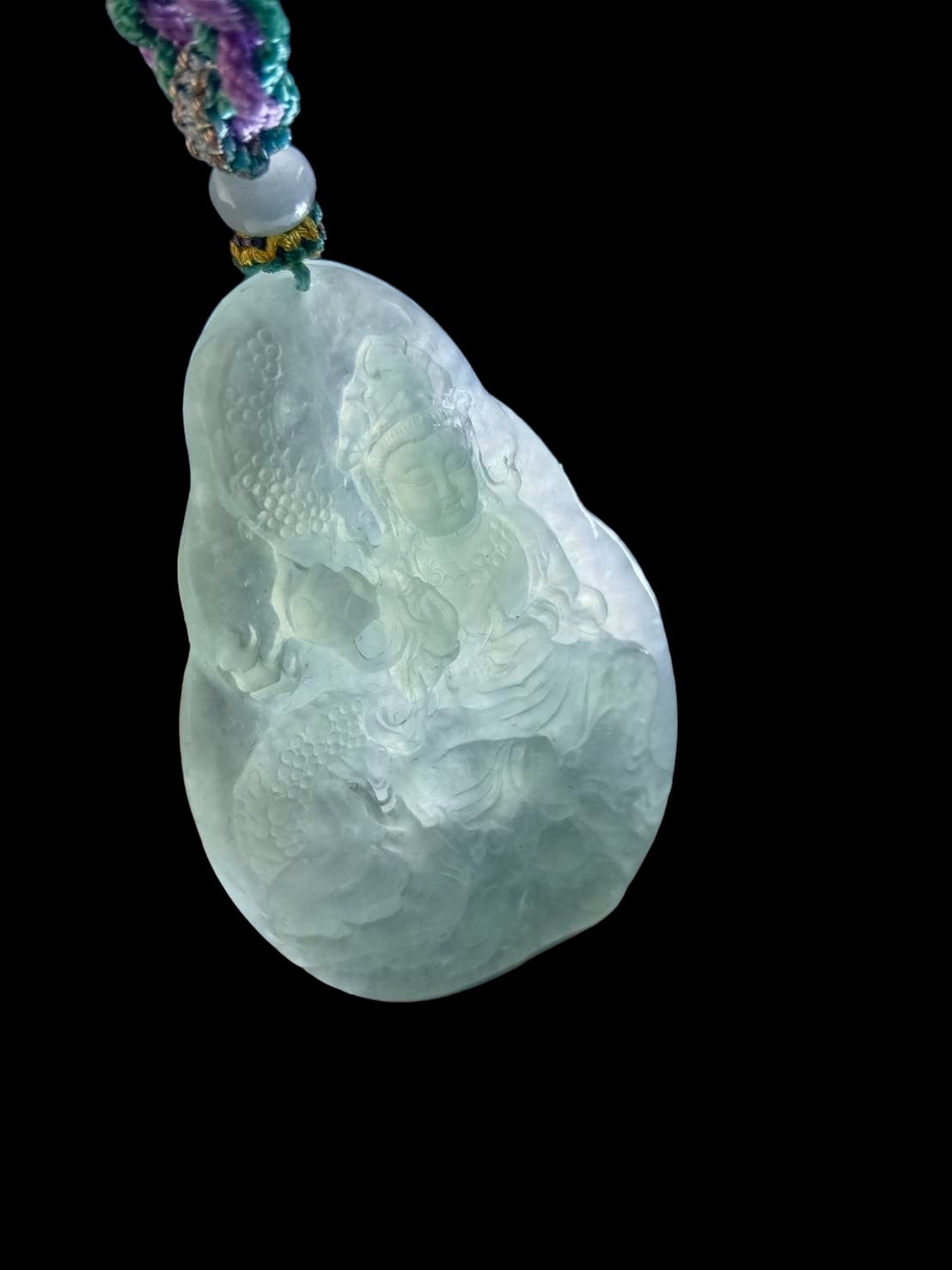 #572 GIA Certified Natural Translucent Light Green Burma Jadeite, Guan Yin and Dragon Pendant