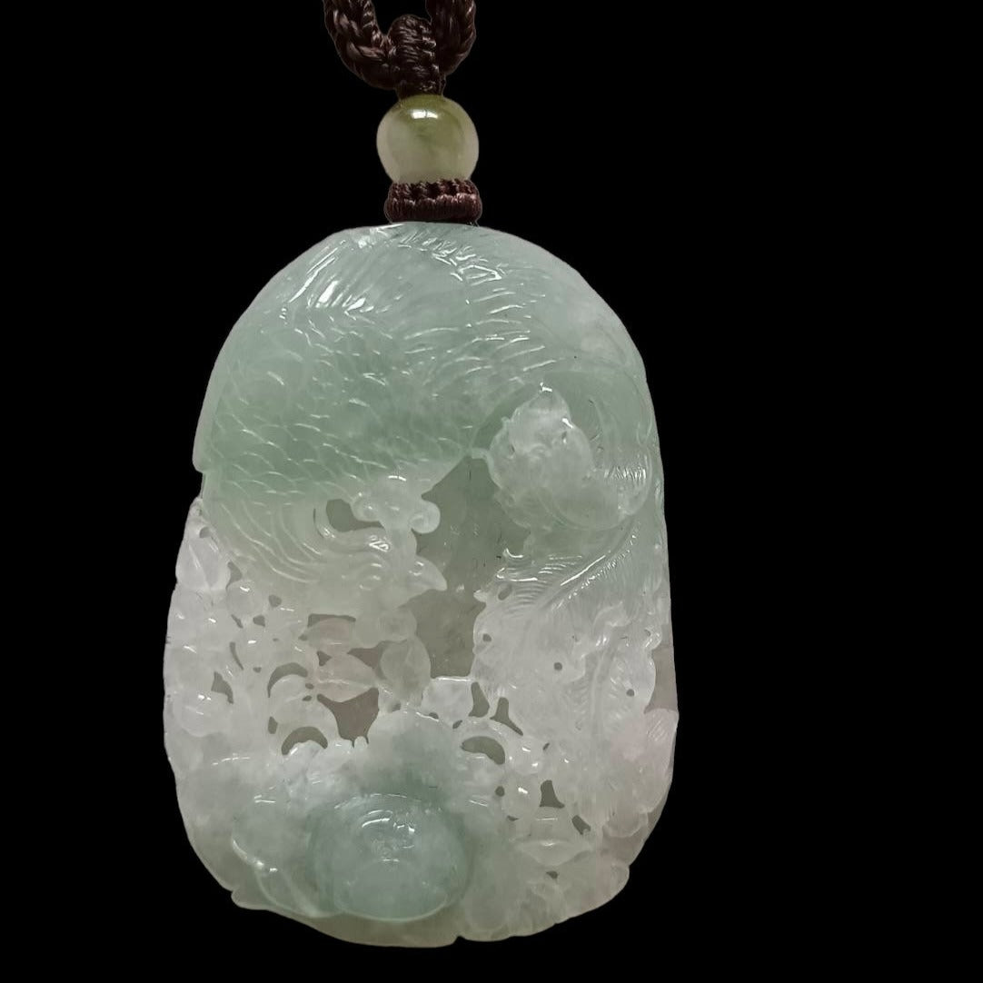 #168 GIA Certified Icy Burma Jadeite Pierced Phoenix Hollow Carving Pendant