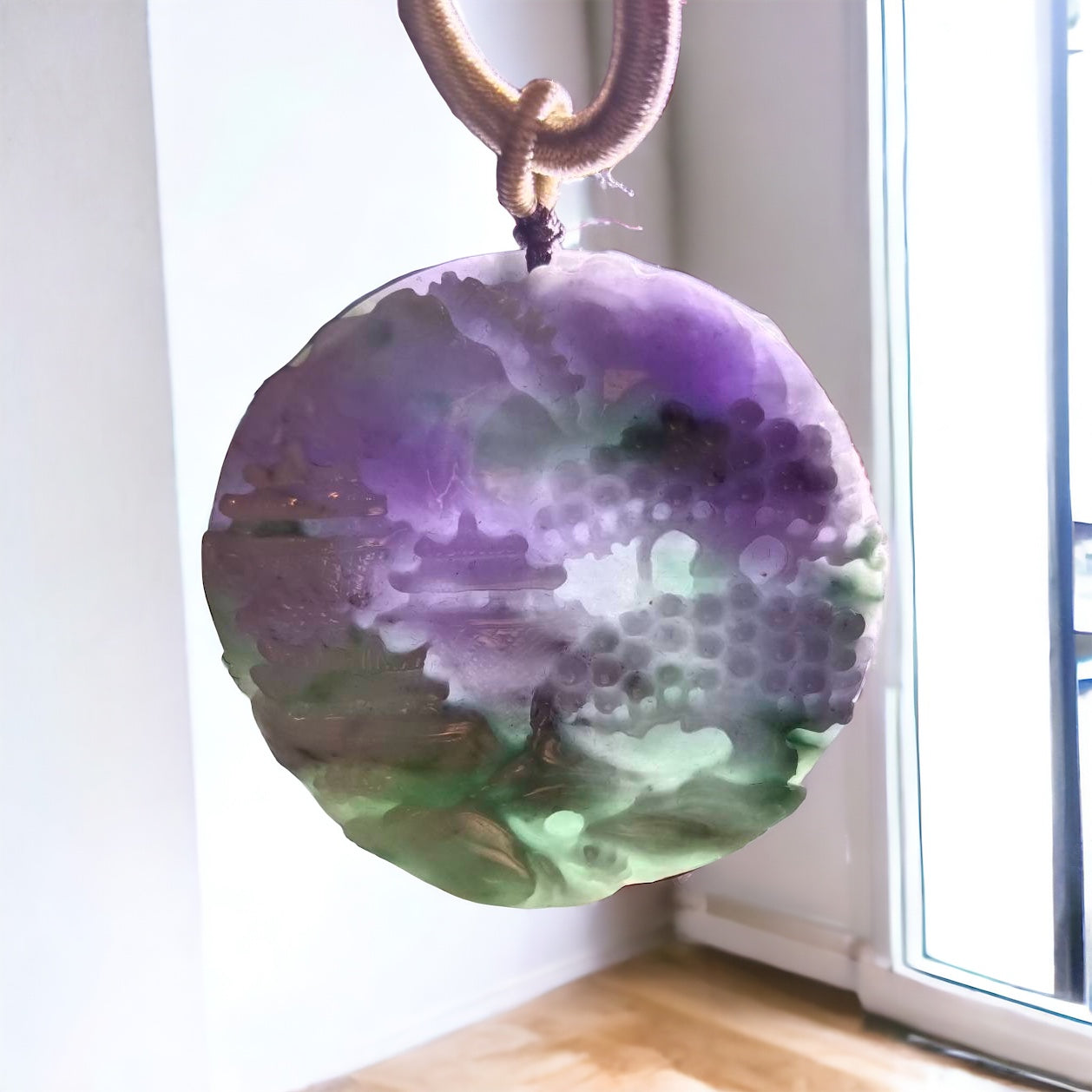#672 AGL Certified Natural Lavender Green Burma Jadeite Landscape Pendant