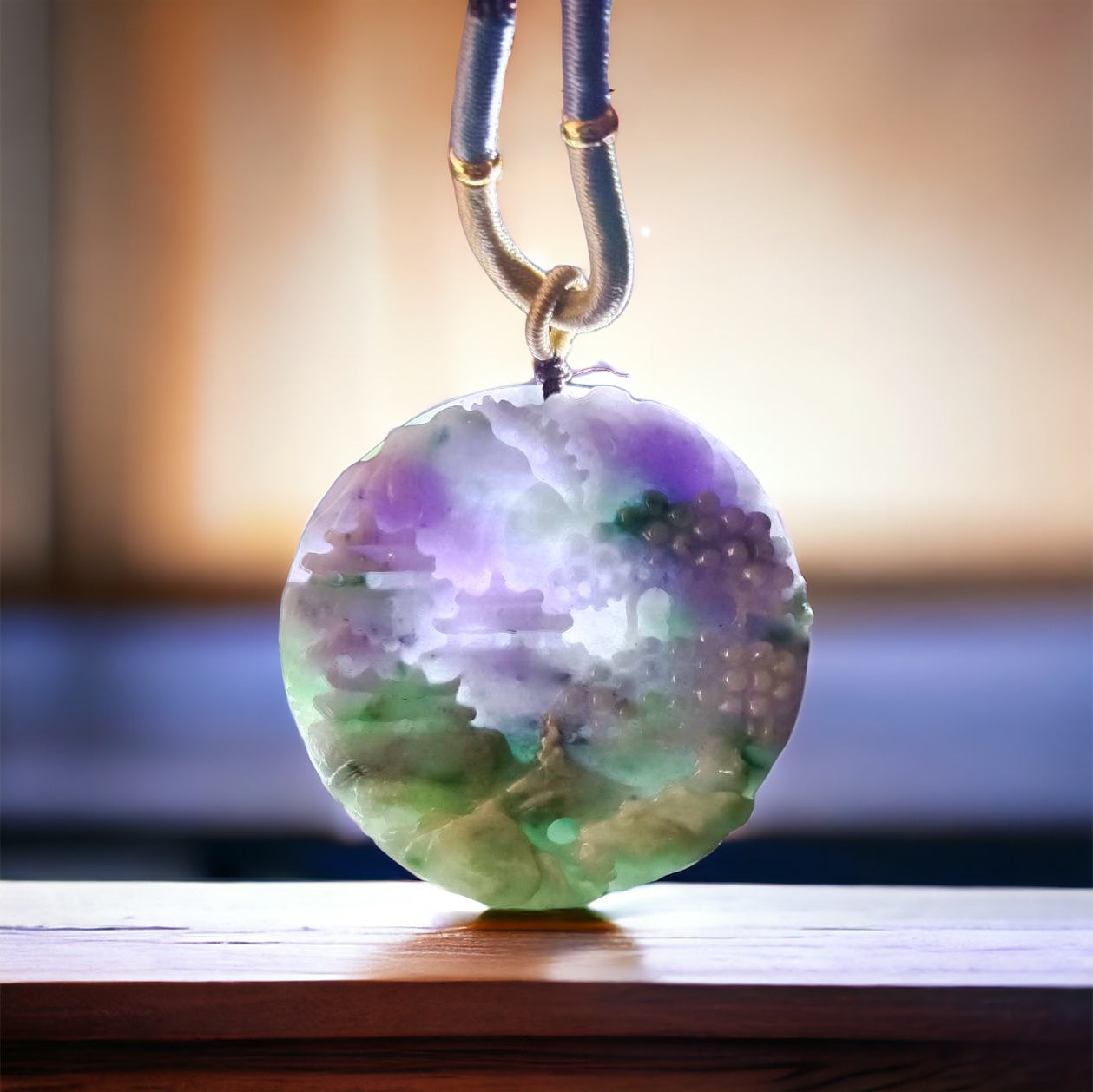 #672 AGL Certified Natural Lavender Green Burma Jadeite Landscape Pendant