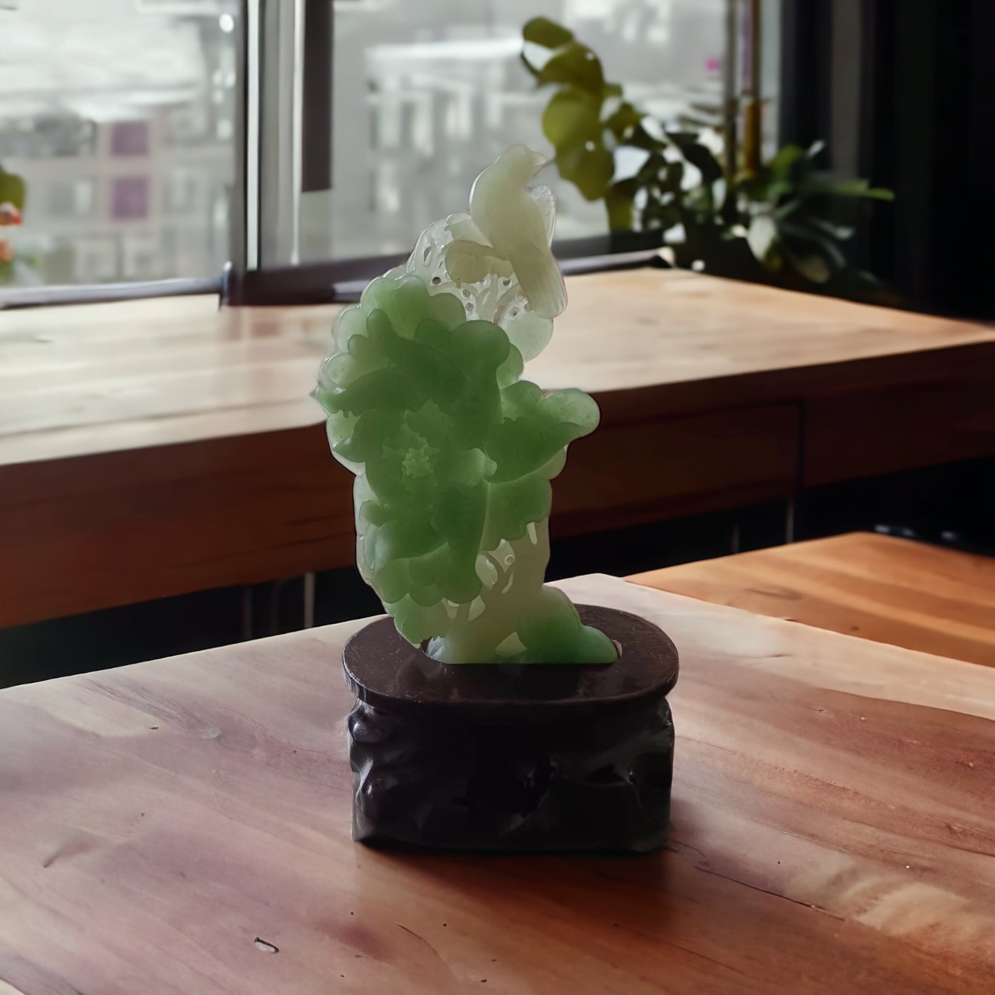 #636 AGL Certified Natural Green Nephrite Jade Birds and Flowers Statuary