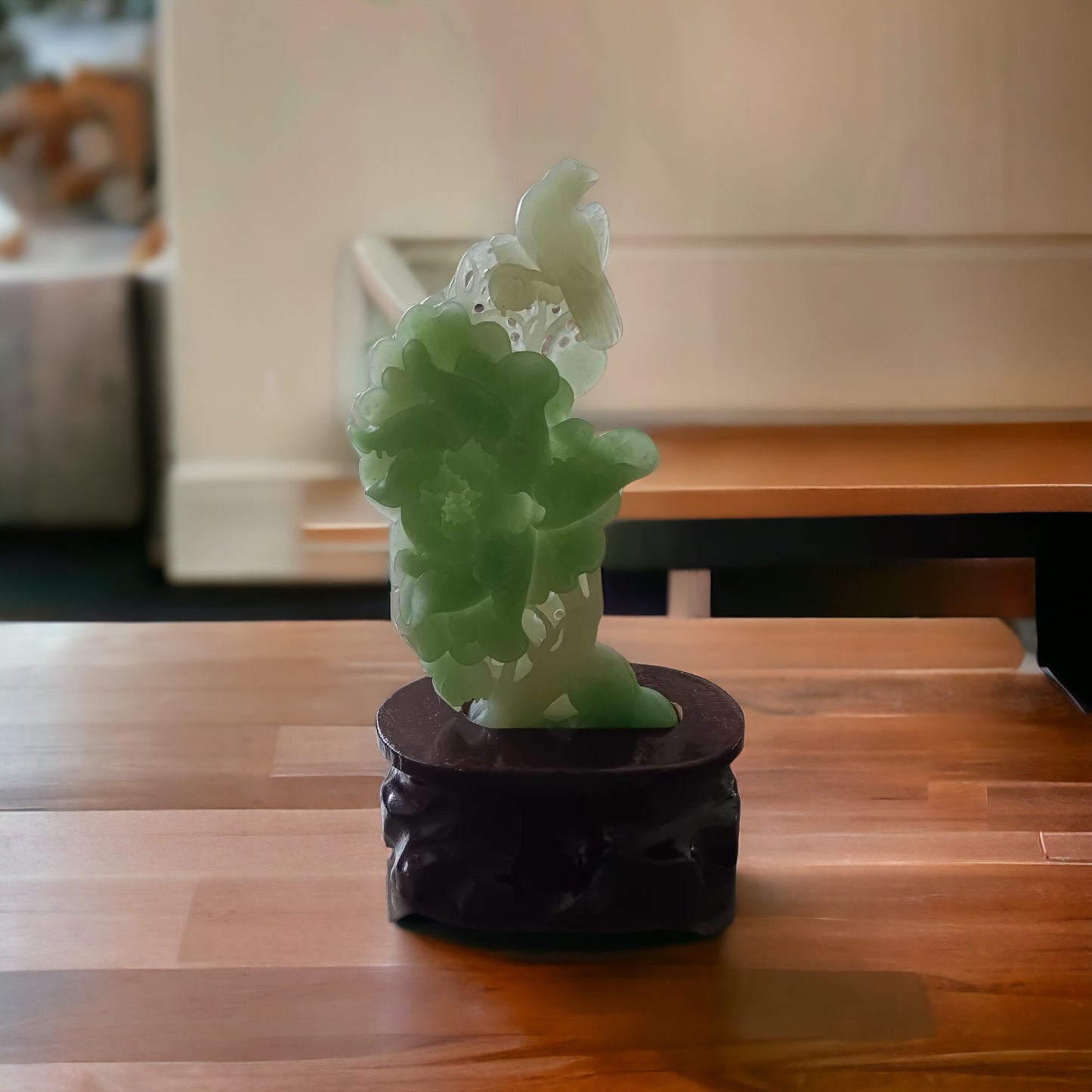 #636 AGL Certified Natural Green Nephrite Jade Birds and Flowers Statuary