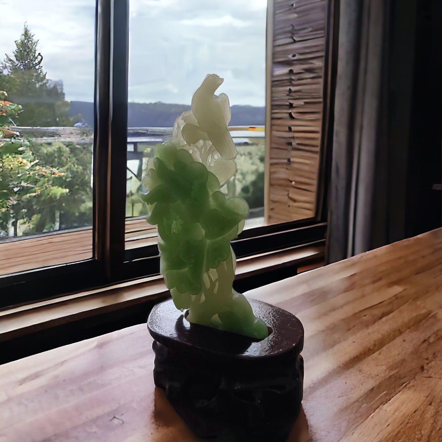 #636 AGL Certified Natural Green Nephrite Jade Birds and Flowers Statuary