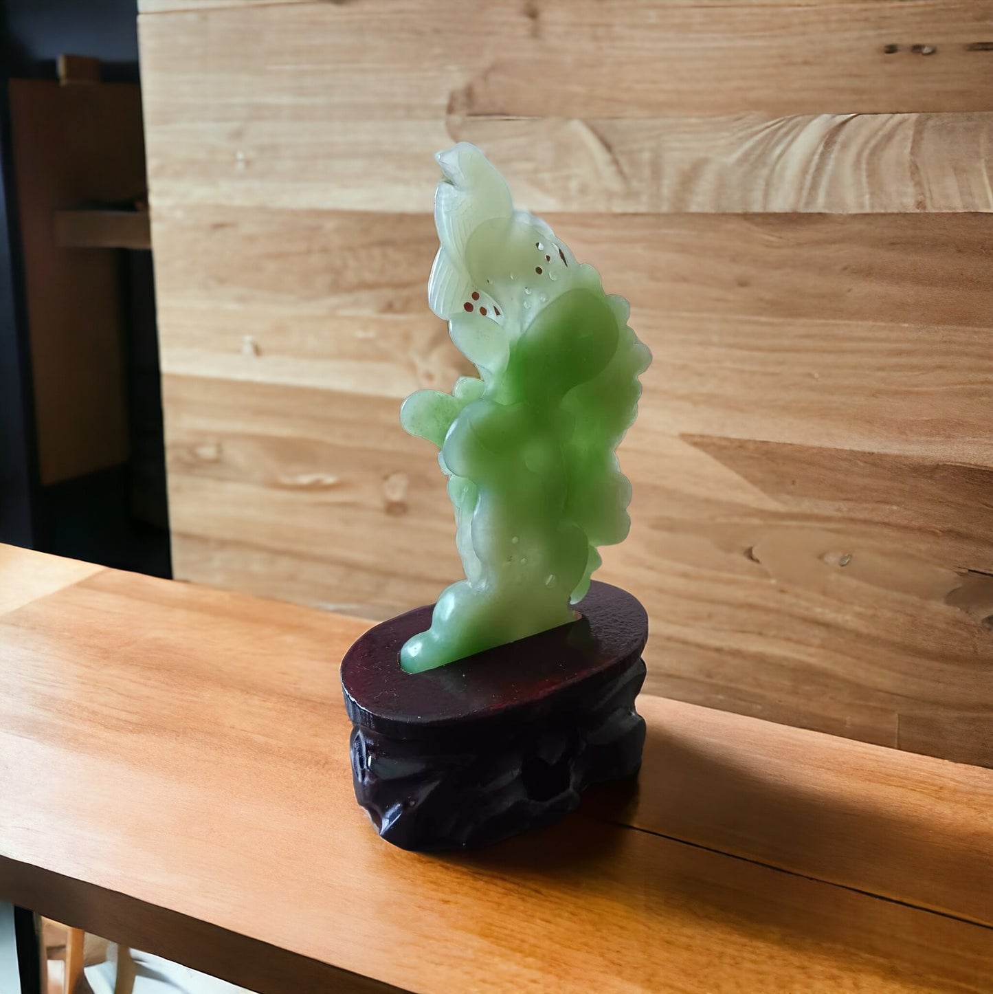 #636 AGL Certified Natural Green Nephrite Jade Birds and Flowers Statuary