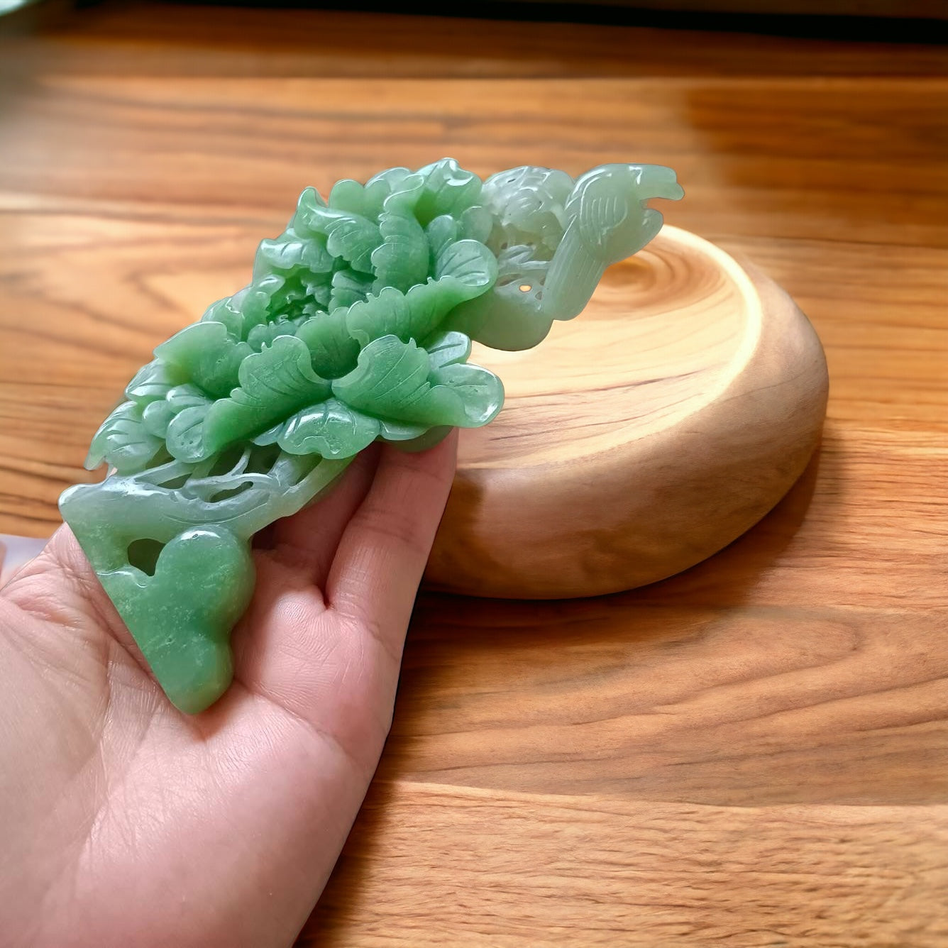 #636 AGL Certified Natural Green Nephrite Jade Birds and Flowers Statuary