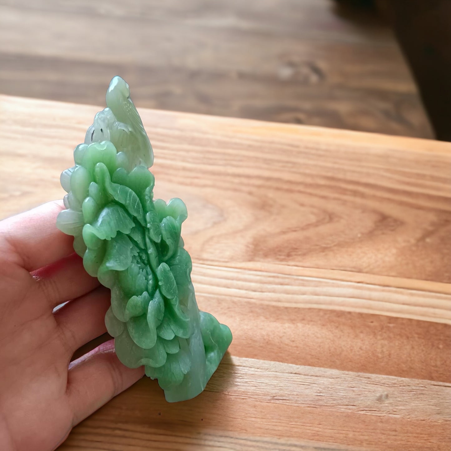 #636 AGL Certified Natural Green Nephrite Jade Birds and Flowers Statuary