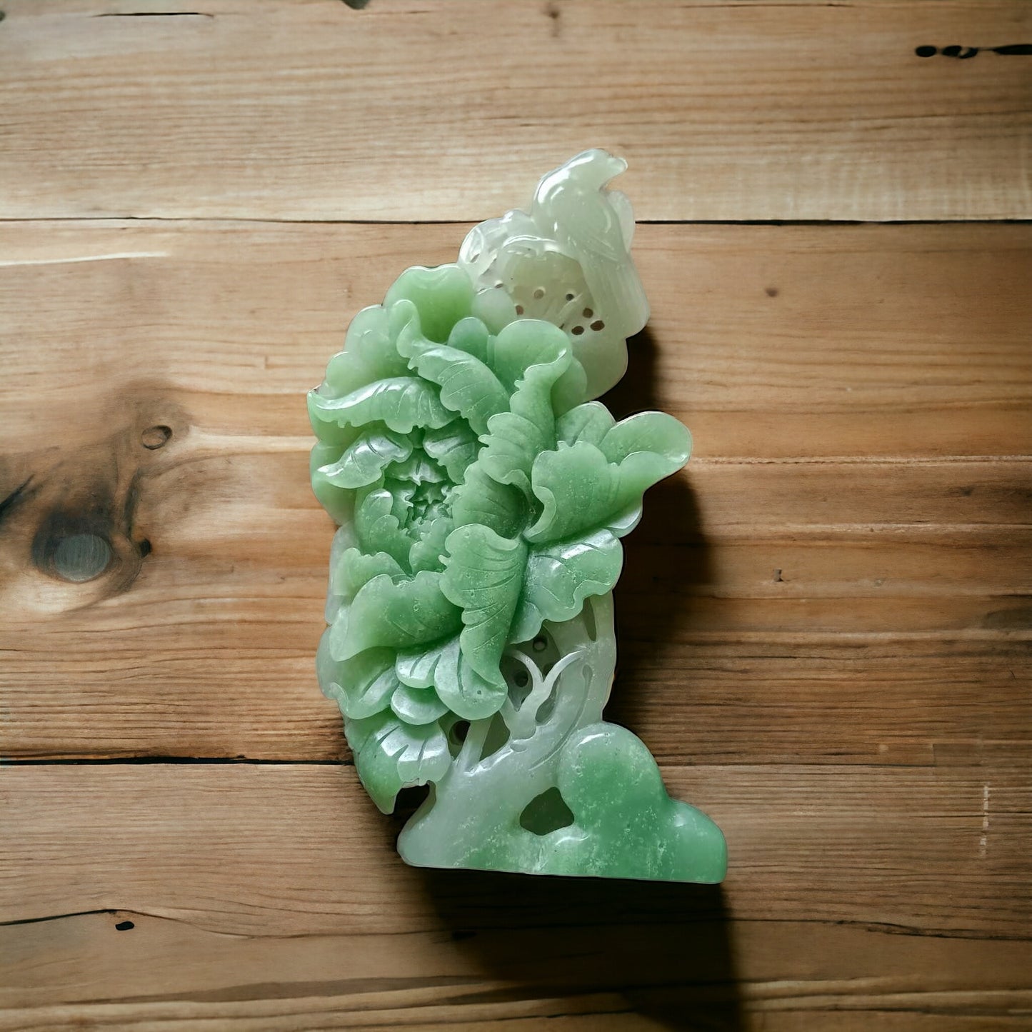 #636 AGL Certified Natural Green Nephrite Jade Birds and Flowers Statuary