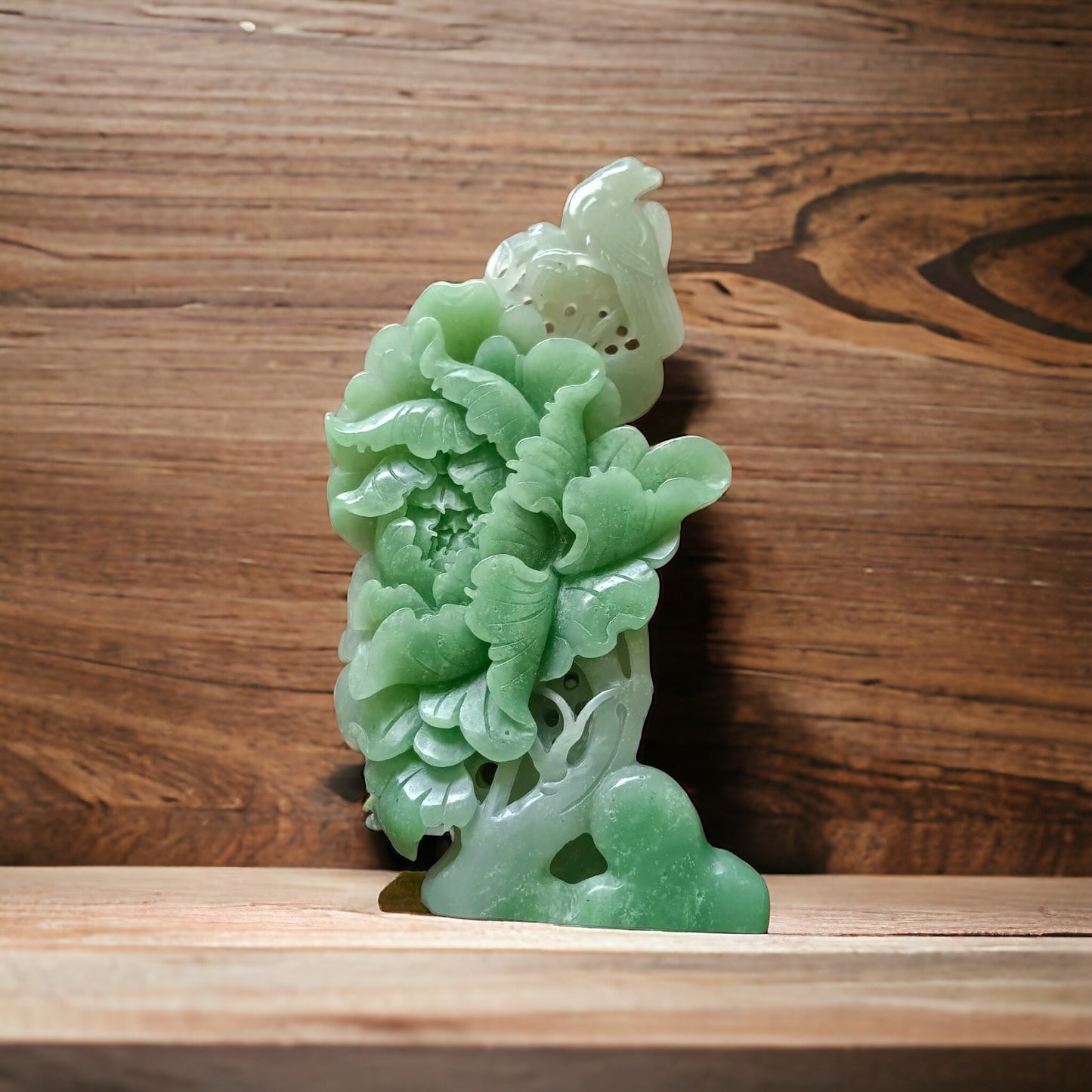 #636 AGL Certified Natural Green Nephrite Jade Birds and Flowers Statuary