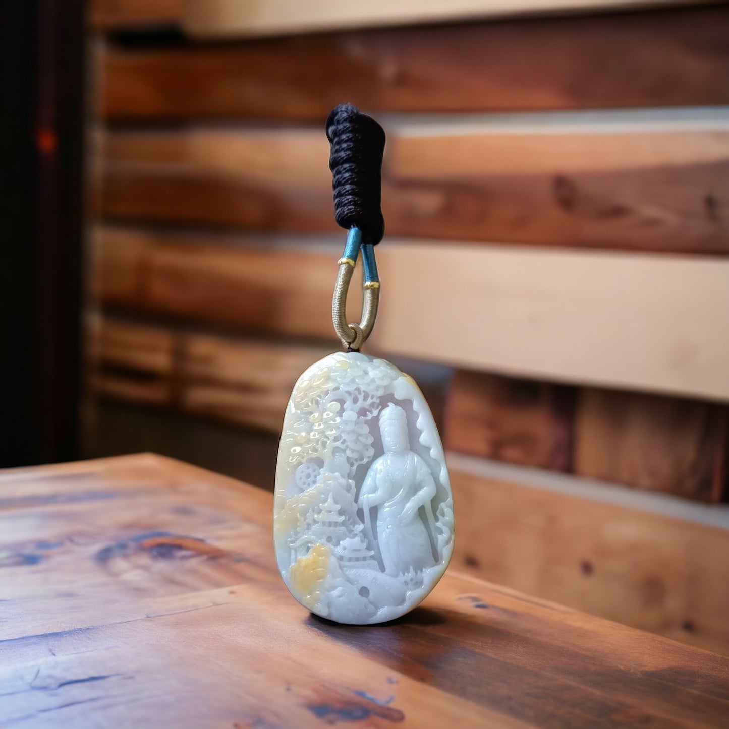 #635 AGL Certified Natural Lavender/Green/Yellow Burma Jadeite Guan-Yin in Landscape Pendant