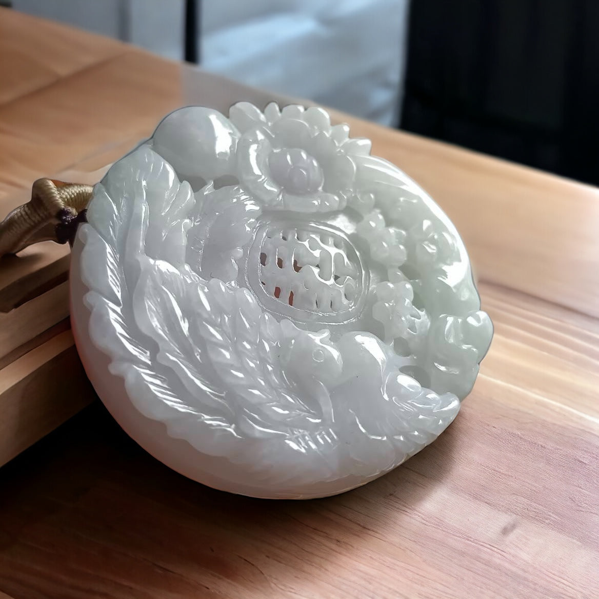 #671 AGL Certified Natural Lavender/Green Burma Jadeite Phoenix and Peony Pendant