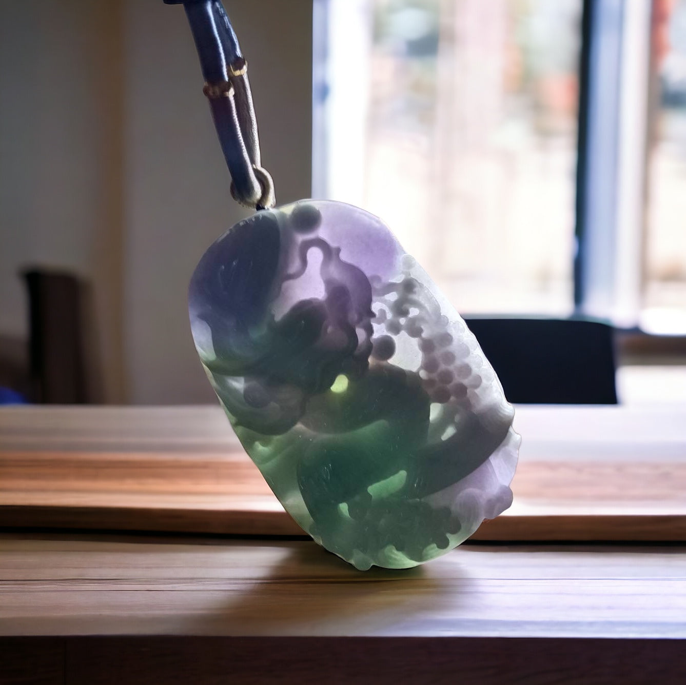 #639 AGL Certified Natural Lavender and Green Burma Jadeite Dragon Pendant