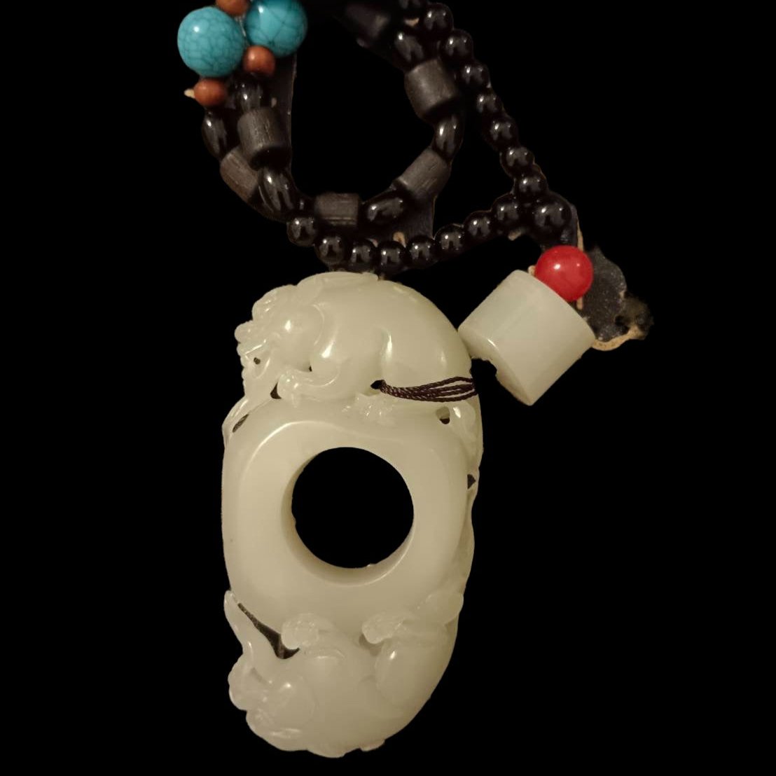 #648 AGL Certified Natural White Nephrite Jade Double-Pixiu Handheld Piece (Vintage)