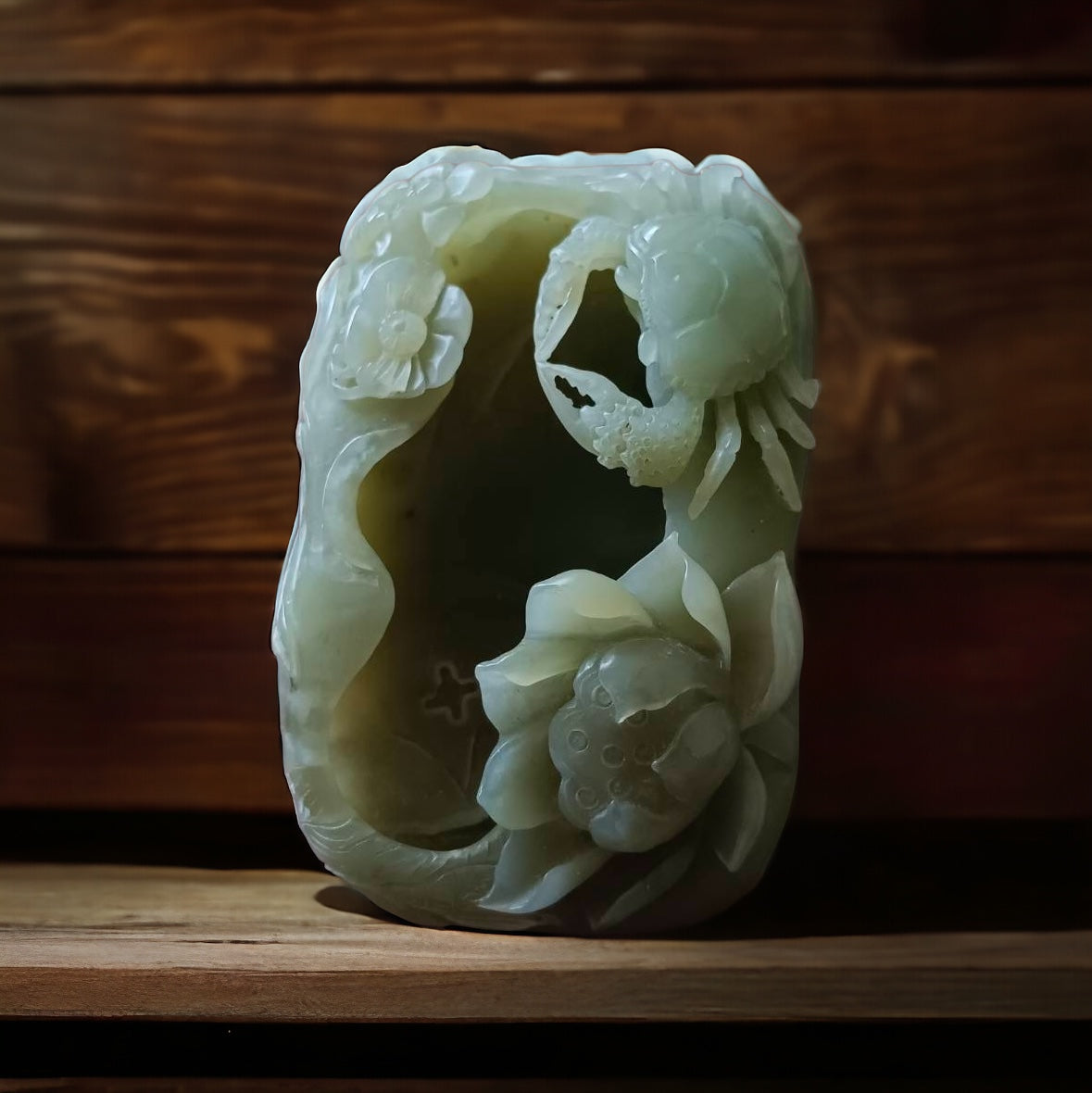 #650 AGL Certified Natural Green Nephrite Jade, Crab Brush Washer/Display